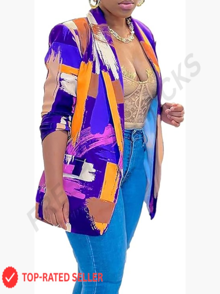 Oversized Blazer Open Front Graphic Print Chic Trendy Plus Size Business Casual